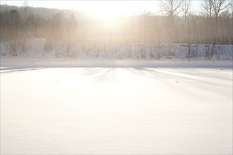Sun shining over snowy field