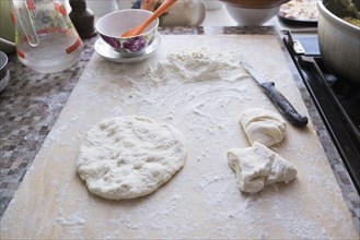 Dough on cutting board with flour