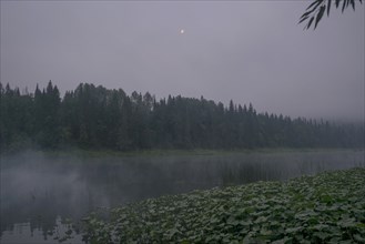 Moon over foggy river