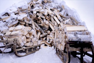 Snow covered firewood on wooden sleds