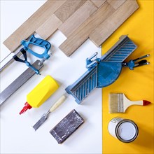 Wooden boards with paint and tools