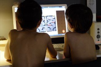 Shirtless Caucasian boys playing video game on computer