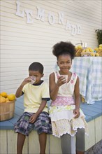 Mixed race brother and sister drinking lemonade