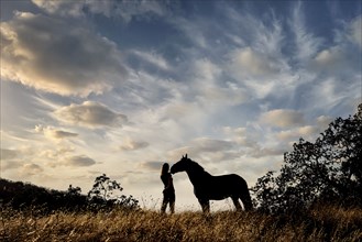 Silhouette of Caucasian woman and horse standing in landscape