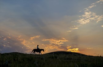 Silhouette of Caucasian woman riding horse at sunset