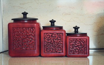 Kitchen canisters from 1950's on counter