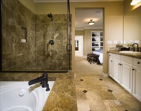 Master bathroom with large tub and glass shower