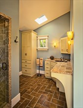 Contemporary bathroom with pitched ceiling
