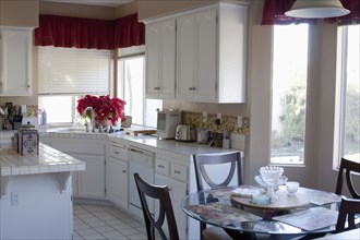 White monochromatic traditional kitchen with island