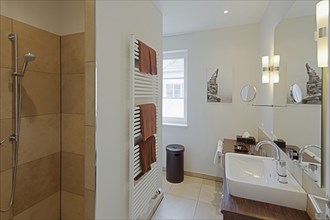 Towel warmer and shower in domestic bathroom