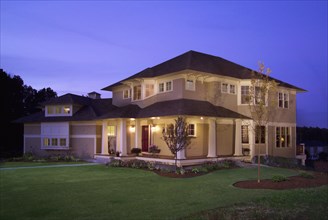 Exterior of a single family home at dusk