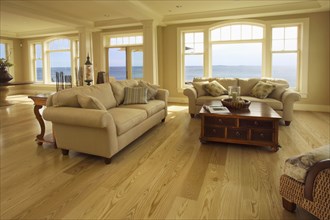 Contemporary living room with ash hardwood floors and an ocean view