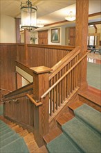 Wooden staircase with carpet runner in home