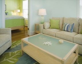 Blue and green colored living room and bedroom