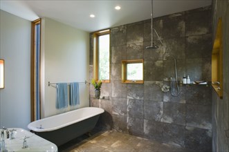 Open tile shower with rain shower head