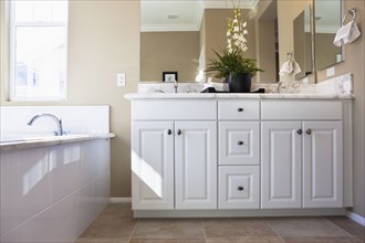 White wooden cabinet in traditional bathroom