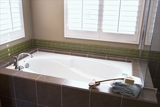 Brown tile surrounding traditional bathtub