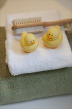 Close-up of towel with brush and rubber ducky