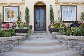 Walkway along plants leading to an arched entrance with closed brown door