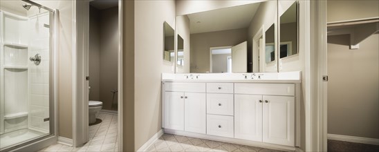 Bathroom with cropped commode and washbasin with cabinets at mirror