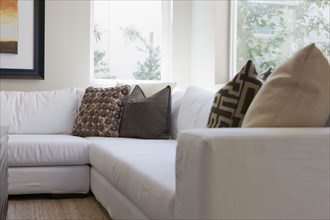 Contemporary living room with white sectional sofa against windows at home