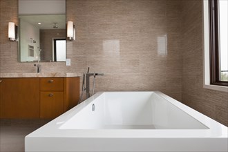 Contemporary bathroom with bath and cabinets at home