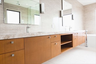 Contemporary bathroom with brown cabinets at mirror