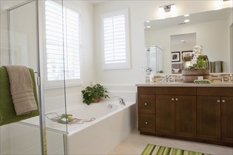 Contemporary bathroom with bath and cabinets at home