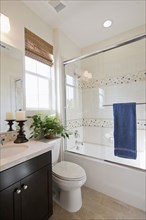 Contemporary bathroom with commode and glass shower in the bathroom at home