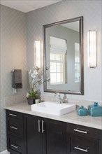 Mirror and cabinets at bathroom sink