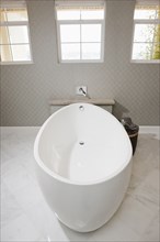 White free standing bathtub in contemporary bathroom