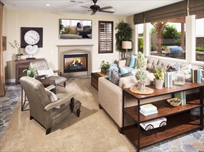 Living room with fireplace and television