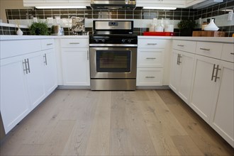 Interior of domestic kitchen with oven and white cabinets