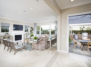 Spacious living room with view of dining area in the patio