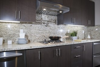 Kitchen having brown cabinets with granite counter top and wall at home