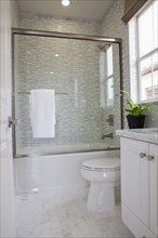 Contemporary bathroom with glass shower and commode at home