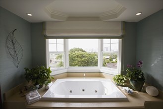 Large hot tub bathtub near window