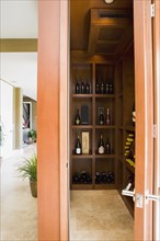 Stocked modern wine cellar in home