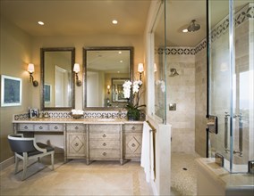 Large shower vanity and sink in contemporary bathroom