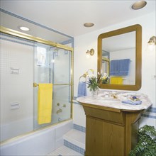 Sink and shower glass in traditional bathroom