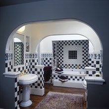 Contemporary. Dark green and white checkerboard pattern ceramic tiles on walls and above tub. Arched ceiling