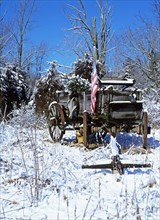 Wagon with an American flag left in a field