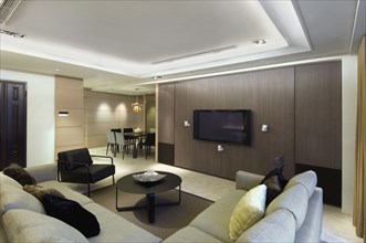 Contemporary living room with sectional sofa and flat screen television