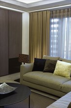 Detail contemporary sofa in front of window with drapes