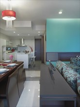Modern living room dining room and kitchen with teal accents