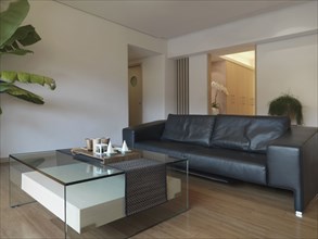 Small living room with leather sofa