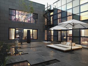 Outdoor lounge area with umbrellas