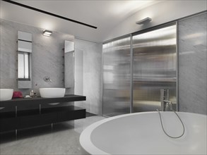 Clean modern master bathroom