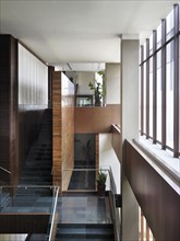 High angle view of landing and staircases in modern interior