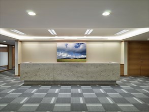Reception area with square patterned carpet